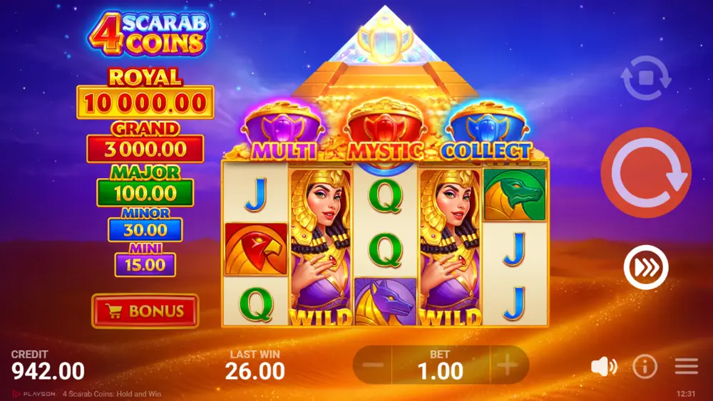 Multi Feature multipliers x2 x3 x5 in 4 Scarab Coins bonus game